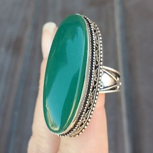 New Huge Green Onyx 925 Silver Statement Ring.